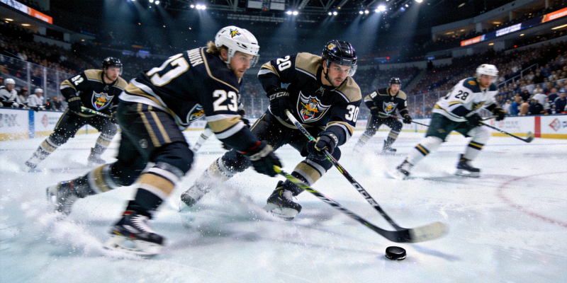 NHL季后赛关键比赛中球员们激烈拼抢冰球的紧张瞬间
