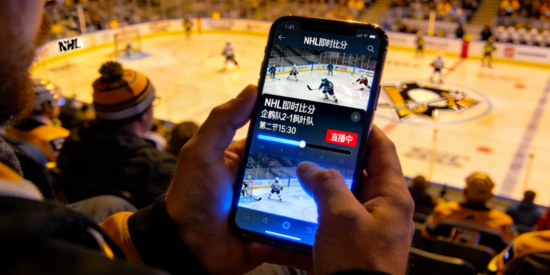 NHL球迷在手机上查看即时比分应用程序界面的特写照片