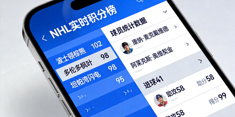 智能手机显示NHL实时积分榜和球员统计数据界面